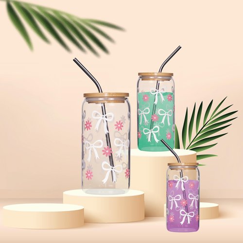 Ndahjahd Coquette Daisy Bow Glass Cup with Bamboo Lid & Straw - 16oz Aesthetic Tumbler, Leakproof Iced Coffee Cup for Women, Reusable Gift Set with Cleaning Brush(White)