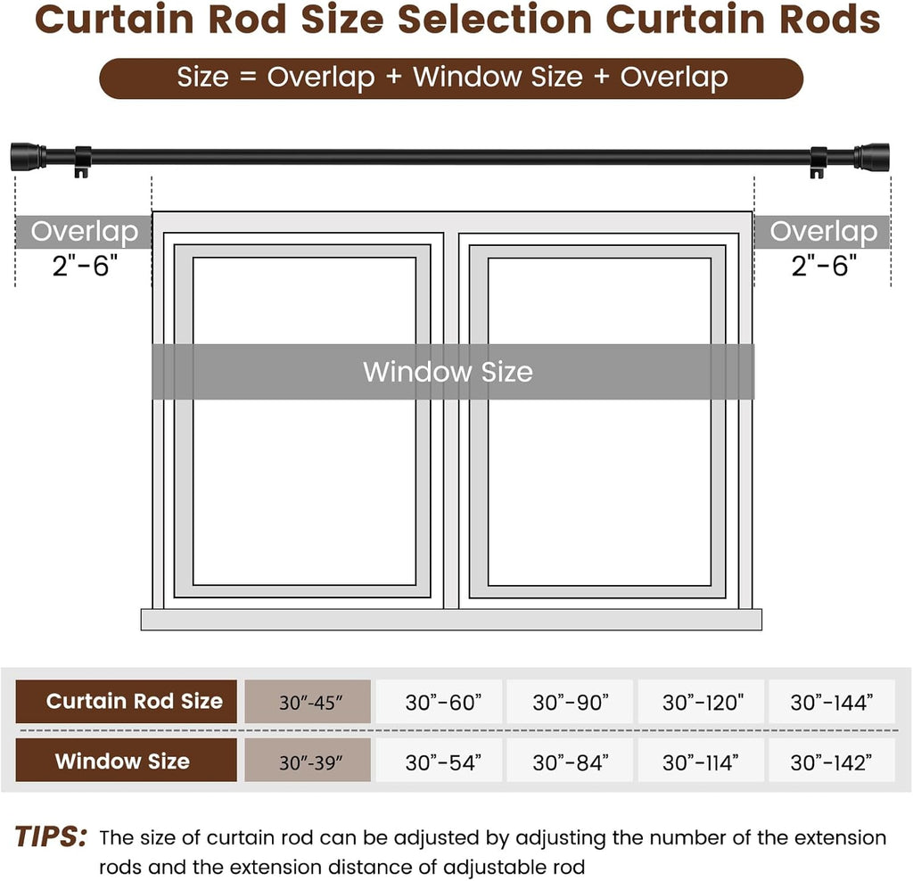 Skiennix Adjustable Curtain Rod - Heavy Duty 30-45 Inch Matte Black Splicing Metal for Windows