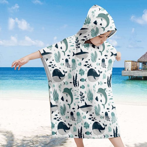 Irisbell Kids Hooded Beach Towel Cotton Blend Wearable Beach Towel with Hood for Kids Toddlers,Absorbent Soft Bath Towel Wrap Cartoon Swim Pool Bathrobe for Boys Girls (Sea Animals, 25.6'' x 29.5'')