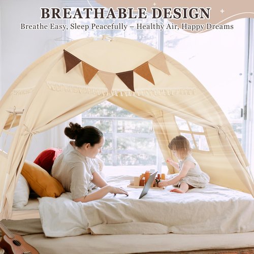 Lanabuna Full Size Bed Tent Canopy, Kids Play Tent with Flags & Star Lights, Canopy on Bed Privacy Space Sleeping Blackout Tents, Indoor Breathable Portable & Foldable, XL-Large Cream Tassels Style