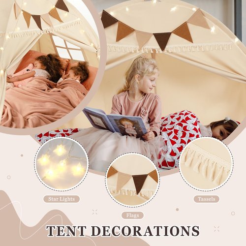 Lanabuna Full Size Bed Tent Canopy, Kids Play Tent with Flags & Star Lights, Canopy on Bed Privacy Space Sleeping Blackout Tents, Indoor Breathable Portable & Foldable, XL-Large Cream Tassels Style