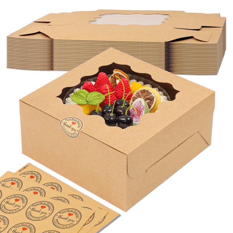 Biocorpla 24pcs 8x8x4 Inches Brown Cake Boxes with Window, Bakery Boxes with Window, Pastry Boxes, dessert boxes, Cookie Boxes for gift giving, Cake, Pastries, Pie, Chocolates, Cupcakes, Cookies