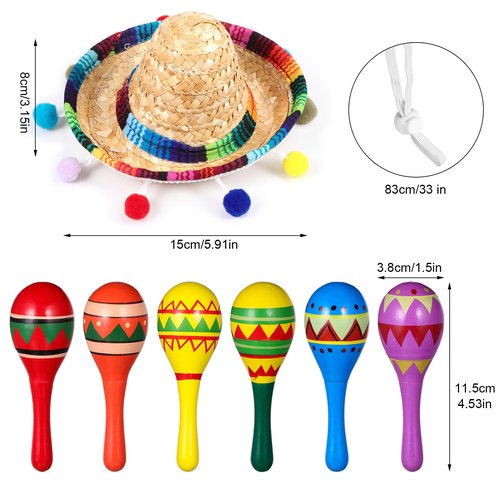 Honoson 12 Pcs Wooden Fiesta Maracas 6 Cinco De Mayo Mini Sombrero Top Hat for Sombrero Mexican Party Decor(36 Pcs,Cute Style)