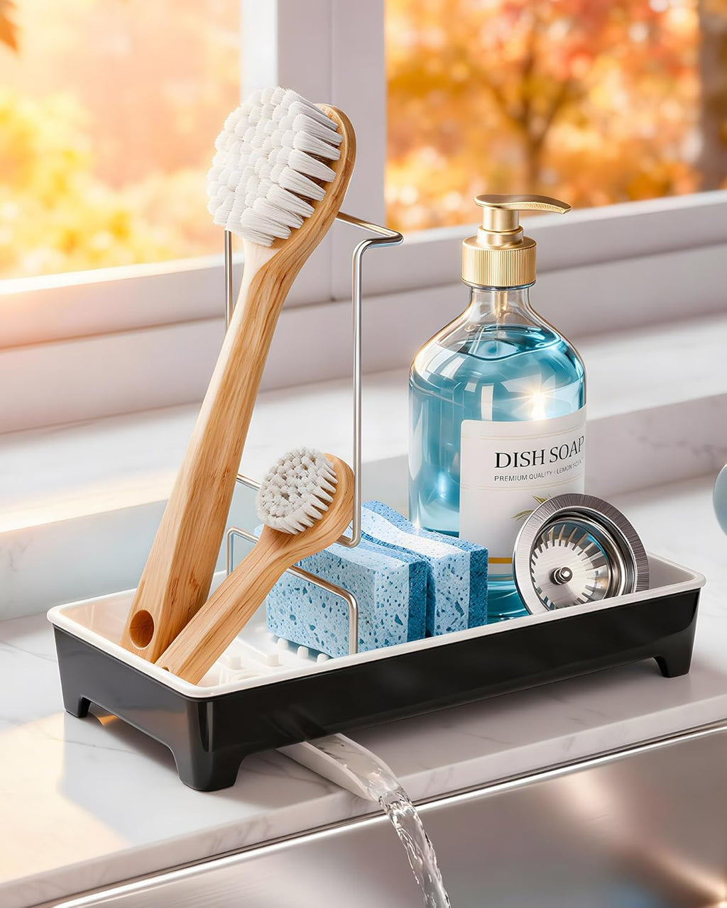 Skiennix Minimalist Sink Caddy - Rustproof Sponge Holder with 304 Stainless Steel Brush Holder | Large Black Countertop Organizer