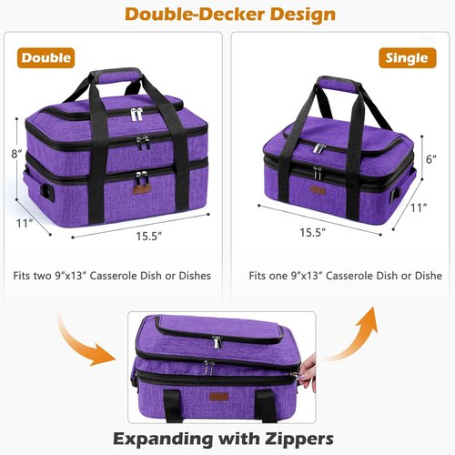 BAGSPRITE Expandable Insulated Casserole Carrier - Thermal Tote for Hot or Cold Food | Fits 9" x 13" Dish