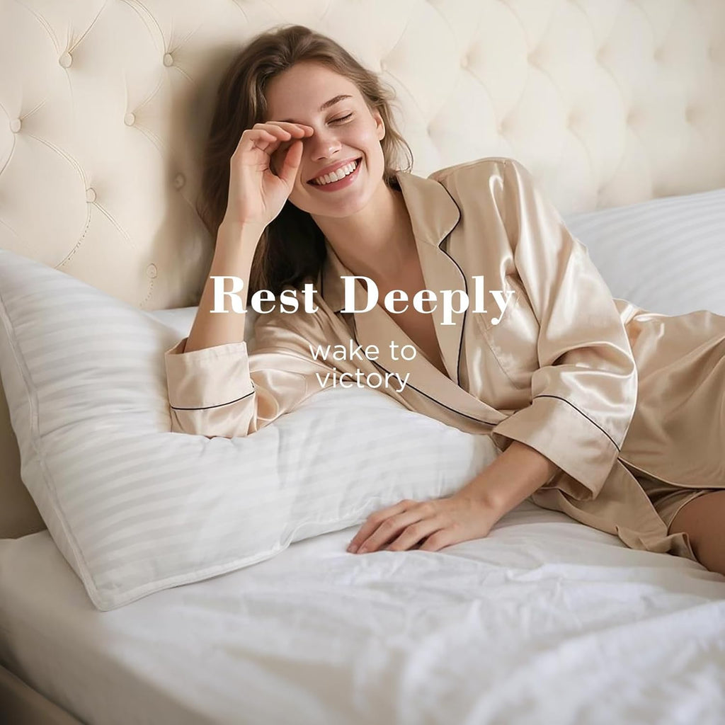 Viewstar Queen Size Bed Pillows - Soft Down Alternative for Back, Stomach & Side Sleepers | Hotel Collection, Striped White, Set of 2