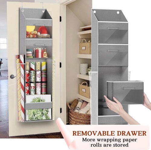 Light Grey Over Door Wrapping Paper Organizer by [Brand Name] - 3 Removable Drawers & Side Pockets for Ribbons, Bows, and More