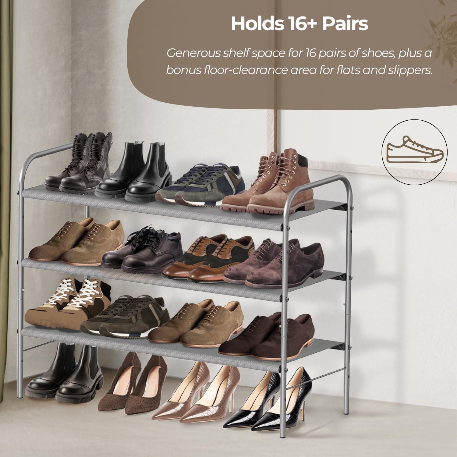 Simple Houseware 3-Tier Shoe Rack - Space-Saving Organizer for 9-16 Pairs | Sturdy Metal Frame, Easy Assembly, Grey
