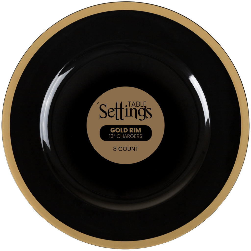 Blue Sky Black and Gold Rim Charger Plates | 13", Set of 8 | Round Elegant Design for Events | Durable Plastic Dinnerware