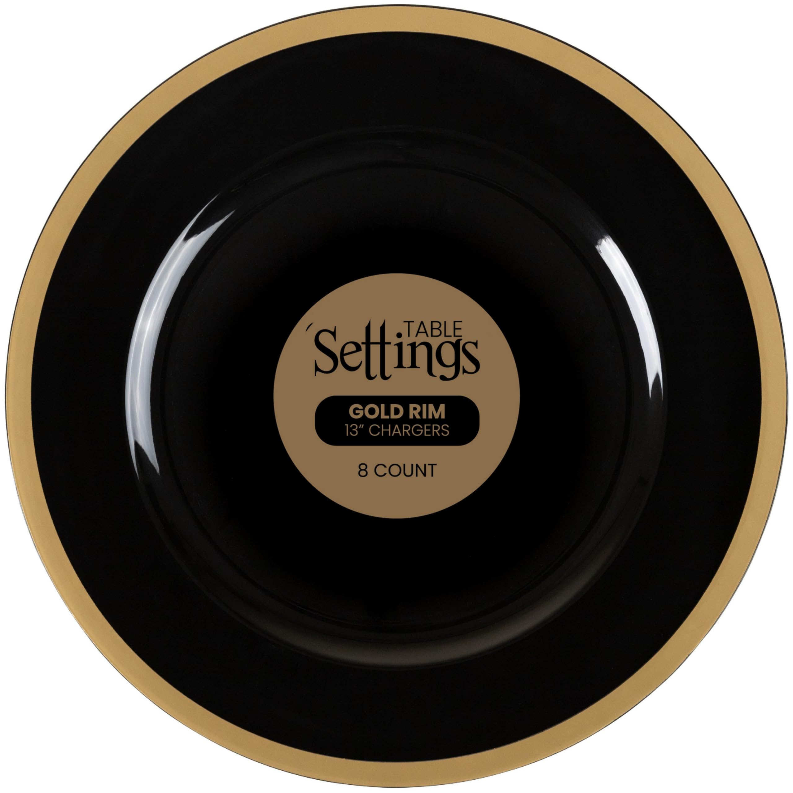 Blue Sky Black and Gold Rim Charger Plates | 13", Set of 8 | Round Elegant Design for Events | Durable Plastic Dinnerware