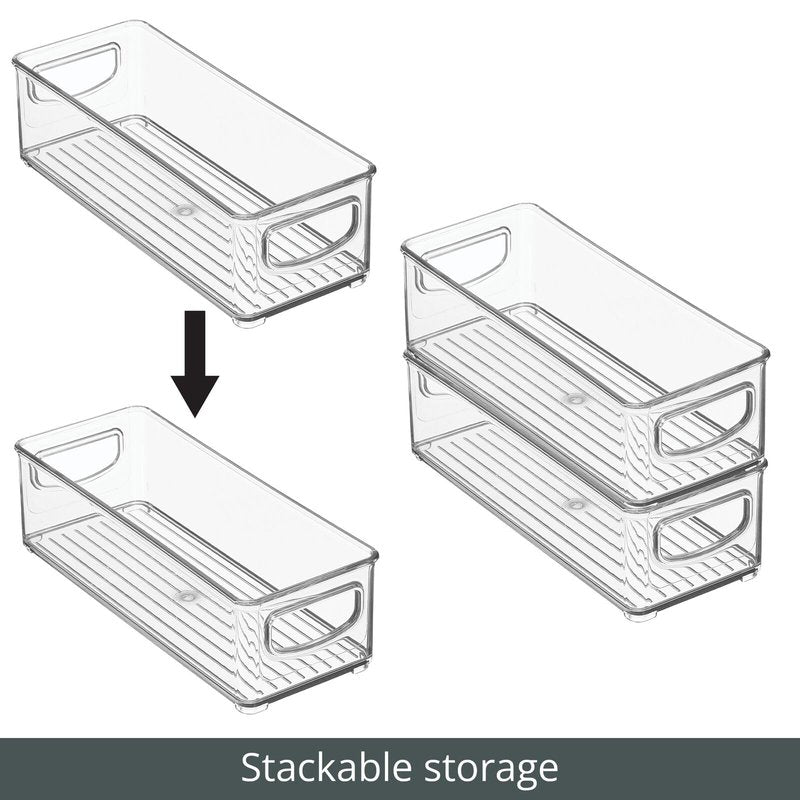 mDesign Plastic Stackable Small Organizing Bin Kitchen Pantry Cabinet, Refrigerator, Freezer Food Organization Storage Bins with Handles, Drawer Container Organizer, Ligne Collection, 4 Pack - Clear