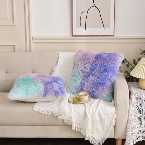 Aimuan Home Decor Luxury Series Plush Shaggy Pillow Shams Super Soft Velvet Style Tie Dye Artificial Fur Throw Pillow Case Cushion Cover for Sofa/Bed/Living Room Ombre Set of 2Pcs Purple, 17.7"x17.7"