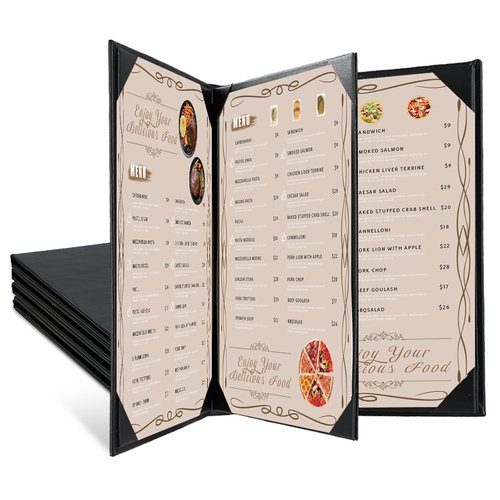 FLKQC Restaurant Menu Covers Holders 8.5" x 11" | Pack of 5 Synthetic Leather Triple Fold Panels 4 View Angled Corners Black for Wine List, Drinks (5, Triple Fold Panels 4 View (8.5 x 11 inch))