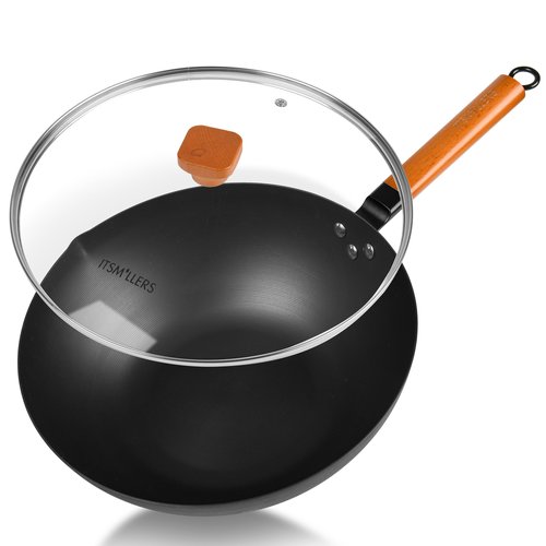ITSMILLERS 12.5-Inch Carbon Steel Wok with Lid – Pre-Seasoned Flat Bottom Stir-Fry Pan, Nonstick Wok for Induction, Gas, Electric & All Stovetops – Chinese Wok with Glass Lid