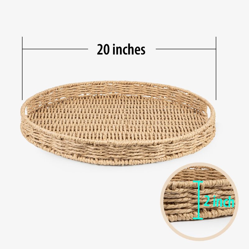Round Ottoman Tray Large Wicker Serving Tray with Handles for Coffee Table, 20 Inch Handwoven Natural Water Hyacinth Tray Scalloped Edges