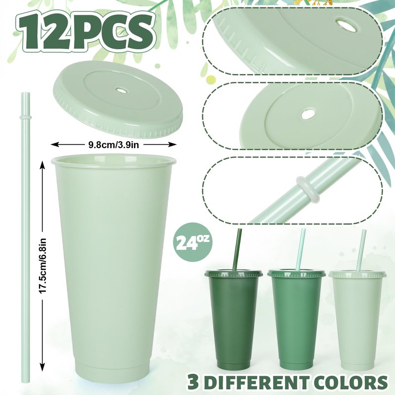Whaline 12Pcs Sage Green Plastic Cups with Flat Lids and Straws, 24 Oz Gradient Green Reusable Tumbler Travel Mug Cup Party Drinkware Decor for Iced Coffee Beverage Drinks Party Supply
