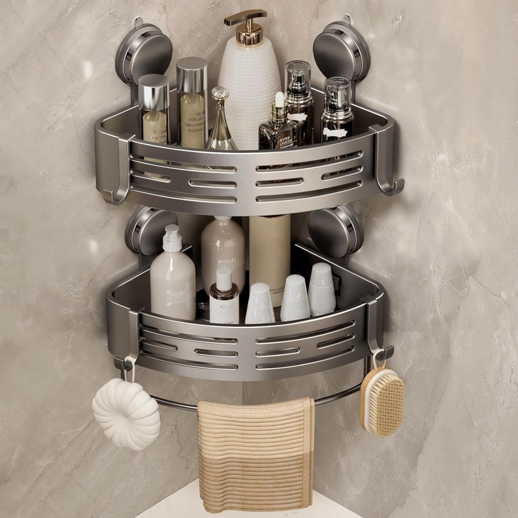 VOLPONE Corner Shower Caddy - No-Drill Suction Cup Bathroom Organizer with Towel Bar Hooks | Matte Gray (2-Pack)