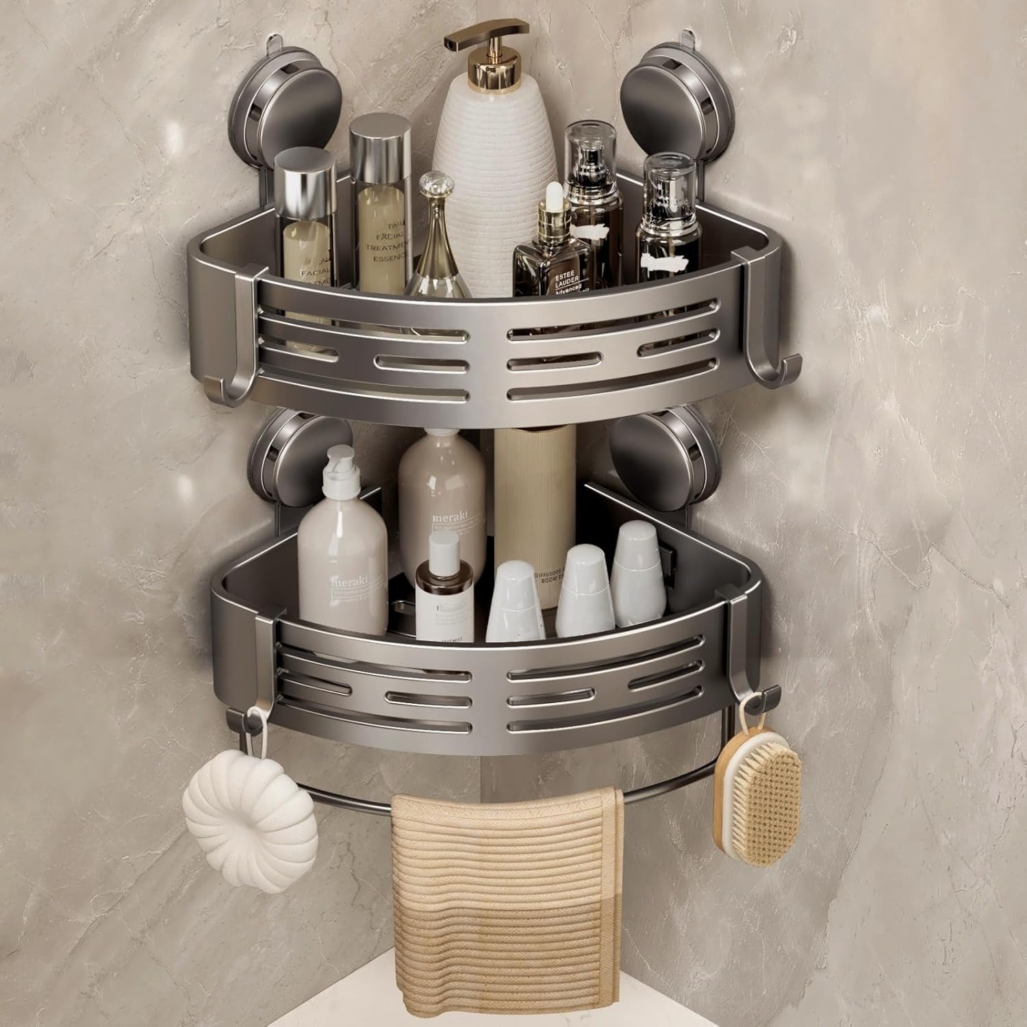 VOLPONE Corner Shower Caddy - No-Drill Suction Cup Bathroom Organizer with Towel Bar Hooks | Matte Gray (2-Pack)