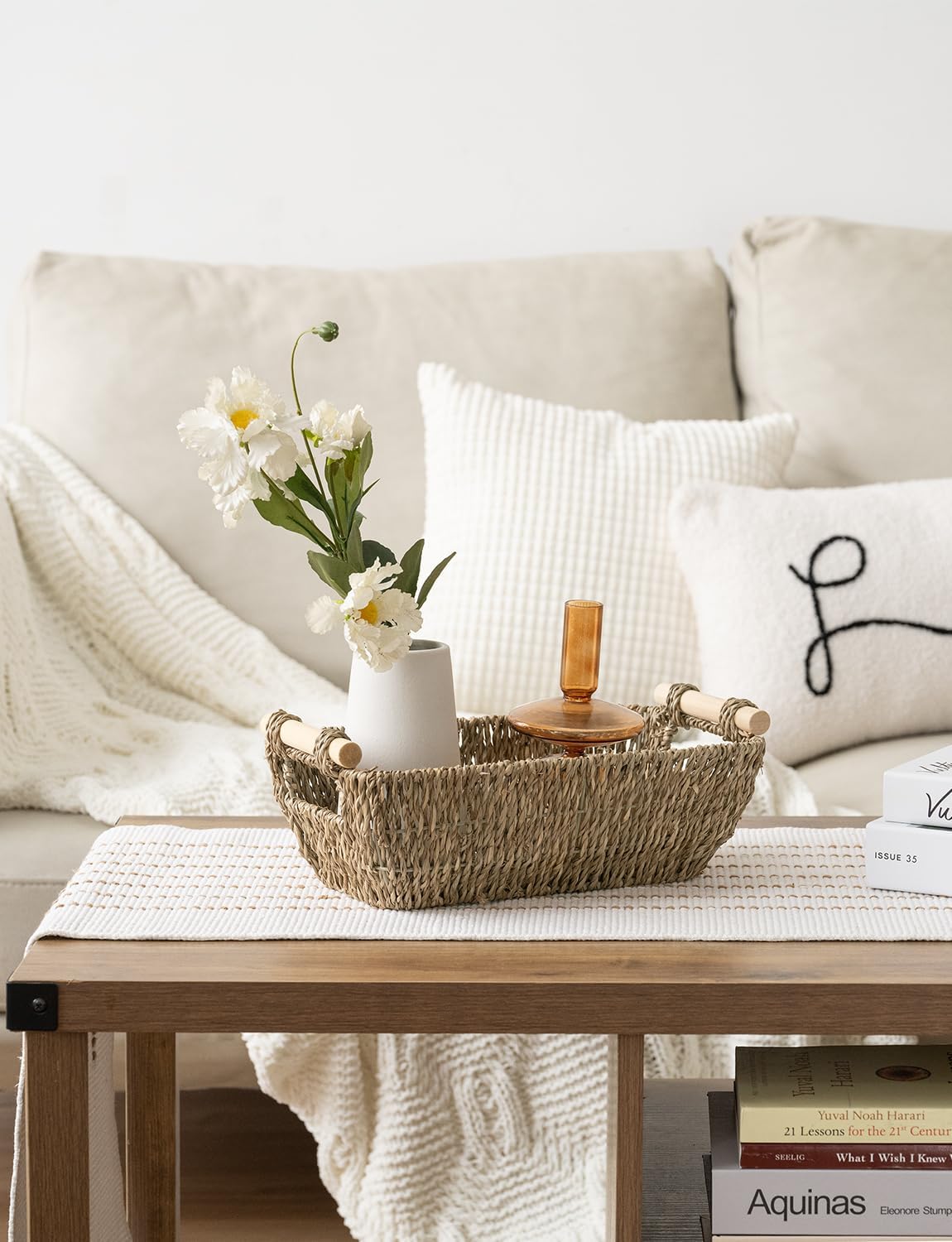 StorageWorks Seagrass Woven Baskets - Small Shelf Storage with Wooden Handles | 2-Pack