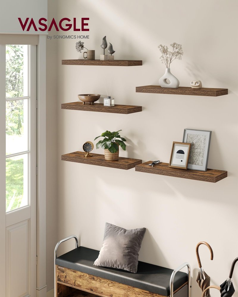 VASAGLE Wall Shelves Set of 5, Floating Shelves, Wall Mounted, 7.9 x 23.7 x 1.5 Inches, for Picture Frames, Decor, Living Room, Kitchen, Rustic Brown ULWS076B01