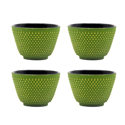 SECHUDO Japanese Cast Iron Tea Cups, Small and Heavy Teacups with no Handles, Japanese Style Cup for Adults, Asian Teacups, Coated with Enameled Interior, 4 Pcs/Box (Green, 2oz/60ml)
