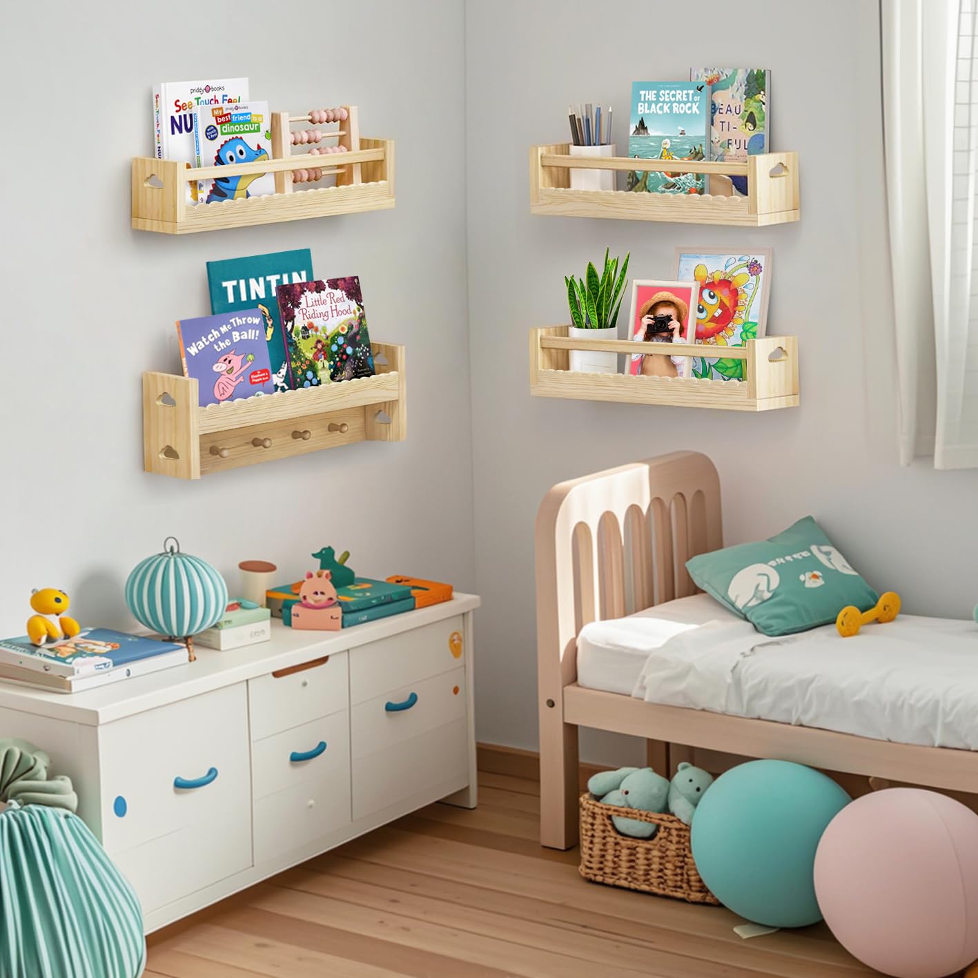 Idefair 16.5 Inch Floating Nursery Book Shelves Set of 4, Kid's Bookshelf for Wall, Natural Wood Toddler Room Decor and Storage Hanging Organizer