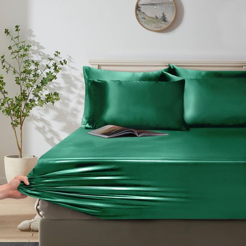 Manyshofu 6Pcs Dark Green Duvet Cover Cal King Size Set with Satin Fitted Sheet - Not Comforter, Silky Comforter Cover Set Satin Duvet Bed Sheets (4 Pillowcases, 1 Duvet Cover, 1 Fitted Sheet)