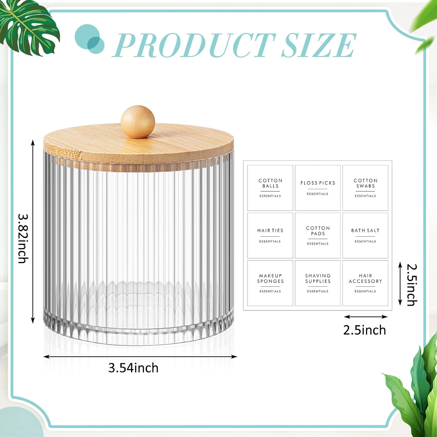 Yaomiao 6 Pcs Ribbed Bathroom Canisters - Stylish Apothecary Jars with Bamboo Lids & Labels | 18 oz Storage for Cotton Balls, Swabs, Floss Picks