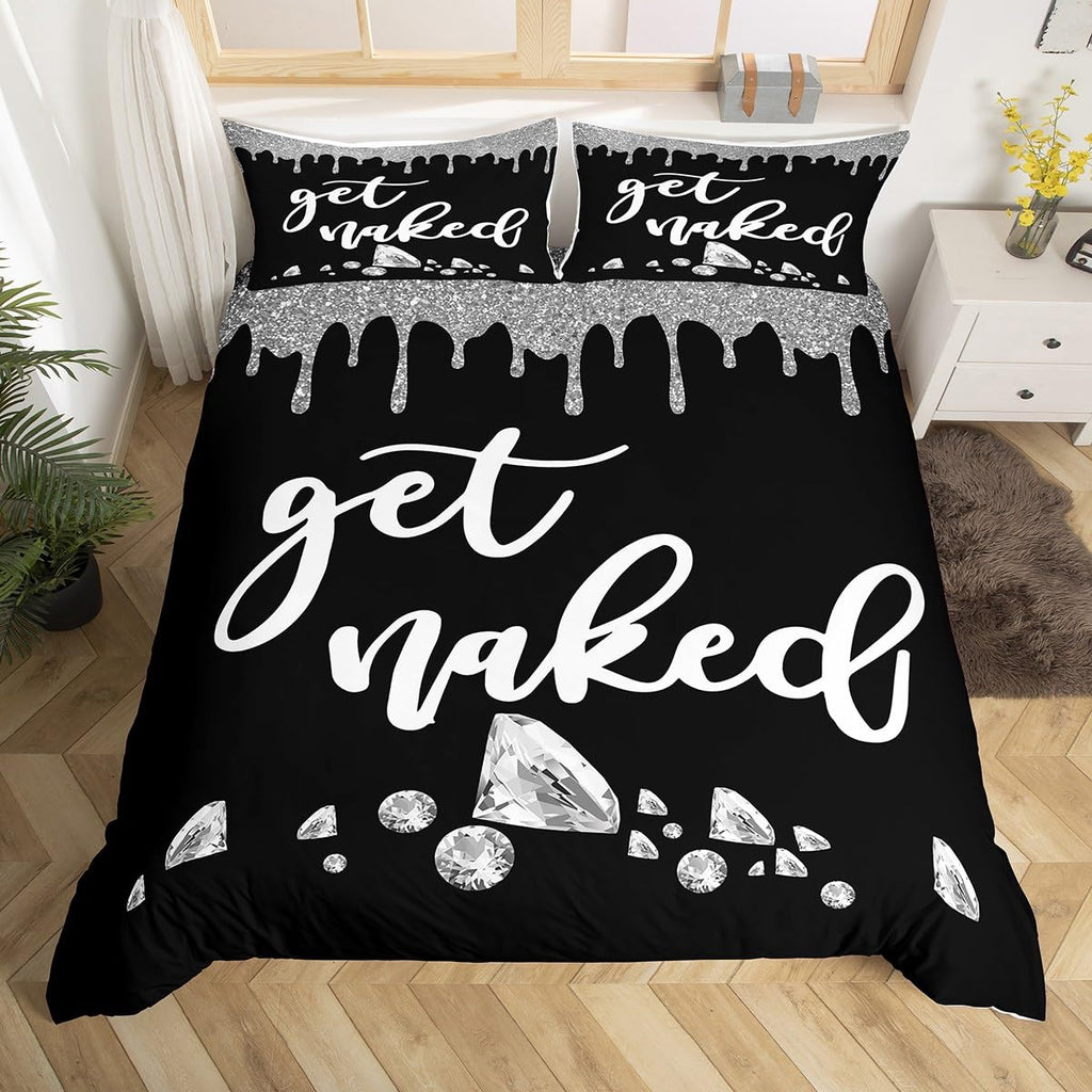 Get Naked Bedding Set King Size Silver Grey Black Glitter Duvet Cover for Kids Boys Girls Bedroom Decor Luxury Shining Diamond Comforter Cover Set Women Men Funny Quotes Modern Bed Set (No Comforter)