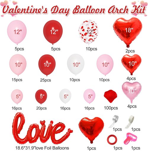 Amandir 263PCS Valentine's Day Balloon Arch Kit - Foil & Latex Heart Balloons in Red, Pink, White
