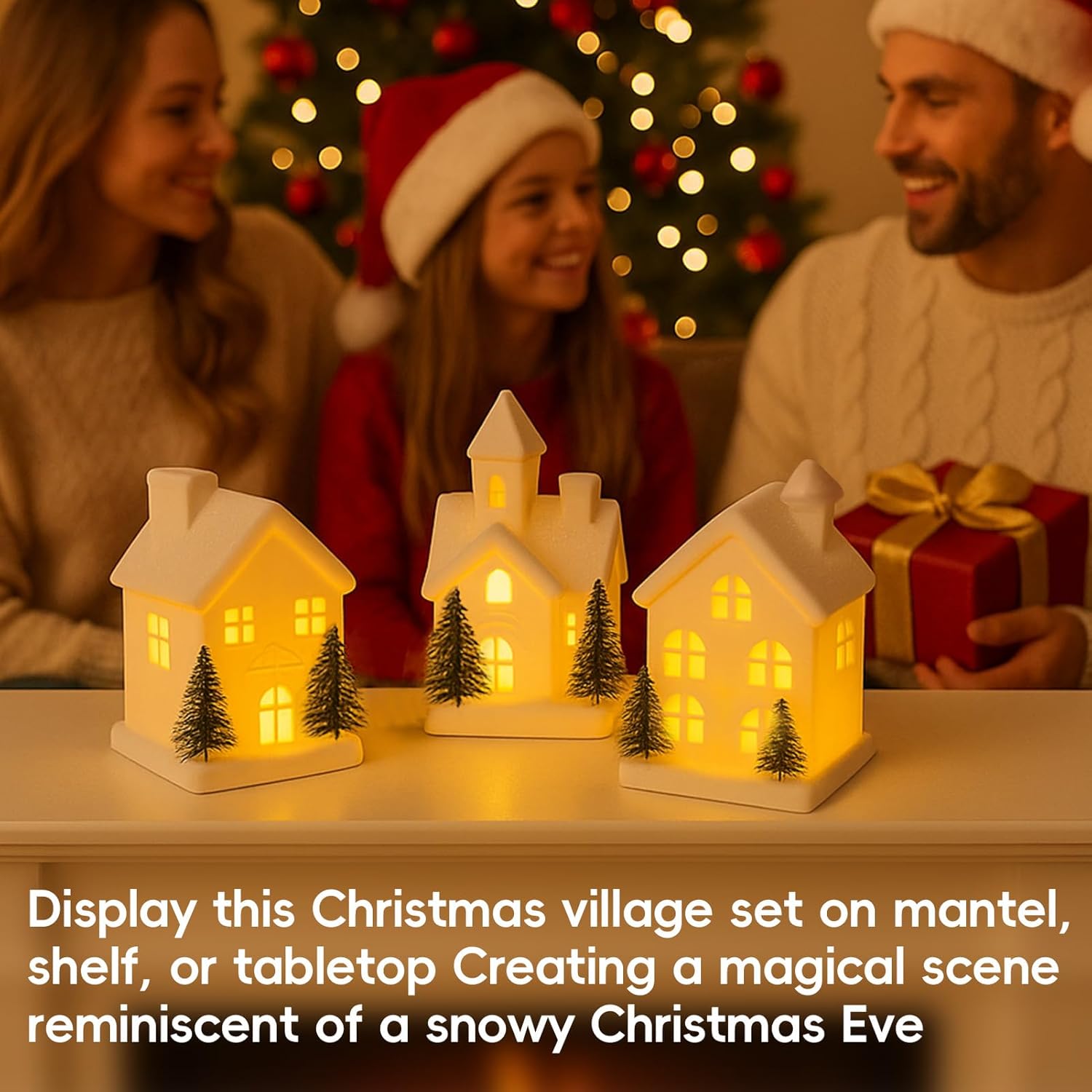Regine Switzerland Christmas Village Set - 3 Lighted Ceramic Houses with Trees - Rustic White Holiday Decor