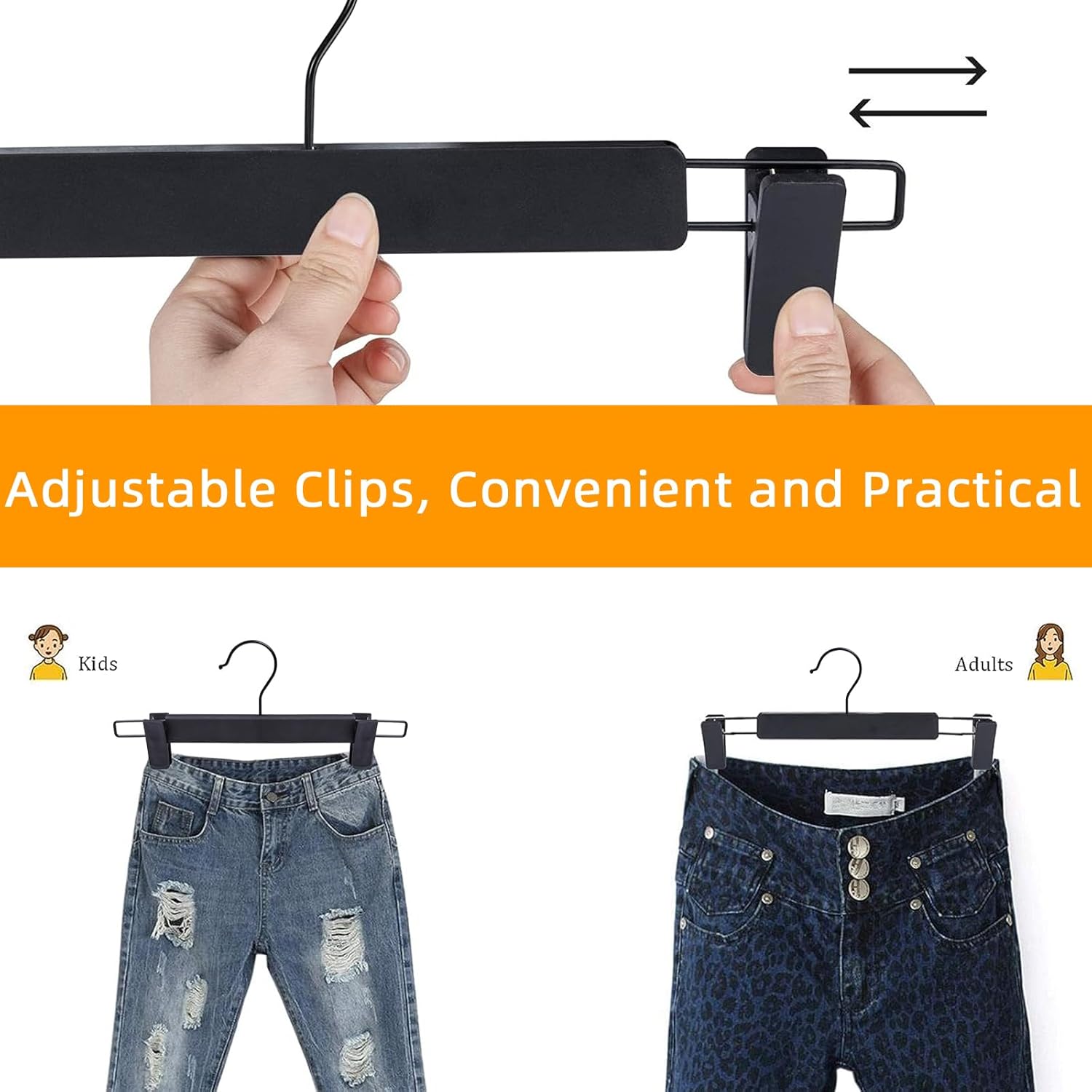 Northern Brothers Pants Hangers - 10 Pack Black Plastic Hangers with Clips | Adjustable, Non-Slip Design for Space Saving Storage
