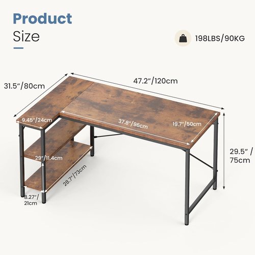 DUMOS L Shaped Desk - 47 Inch Corner Computer Desk with Reversible Storage Shelves | Rustic Brown