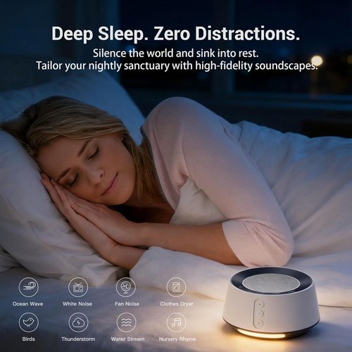BGOVERSS White Noise Sound Machine - 20 Soothing Sounds & 10 Color Night Light | Ideal for Sleep, Nursery & Travel
