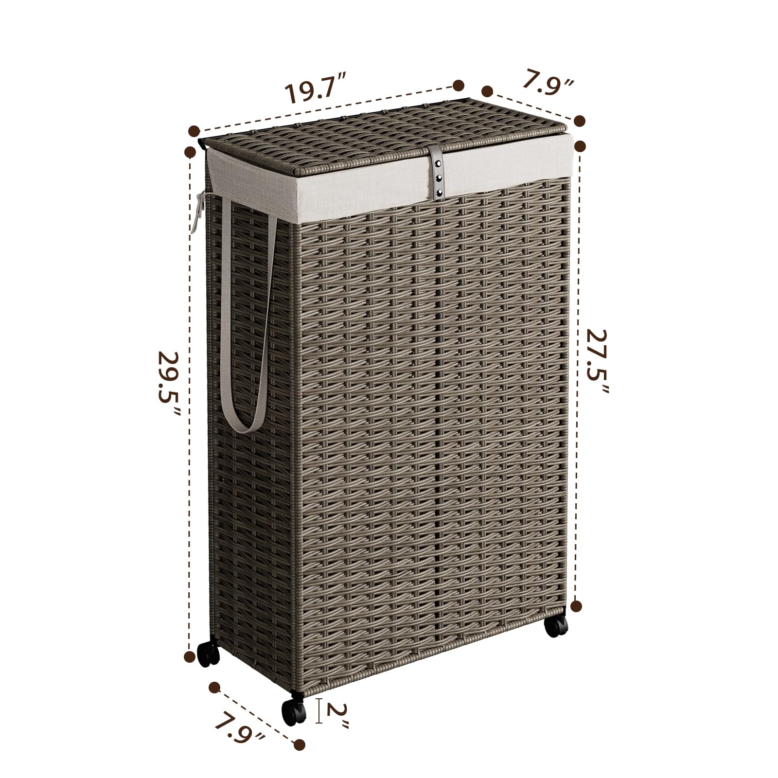 Rolling Laundry Hamper with Wheels and Lid, 90L Slim Laundry Basket with Removable Bag, Foldable Handwoven Rattan Laundry Sorter, Narrow Dirty Clothes Basket Organizer, No Assembly, Grey