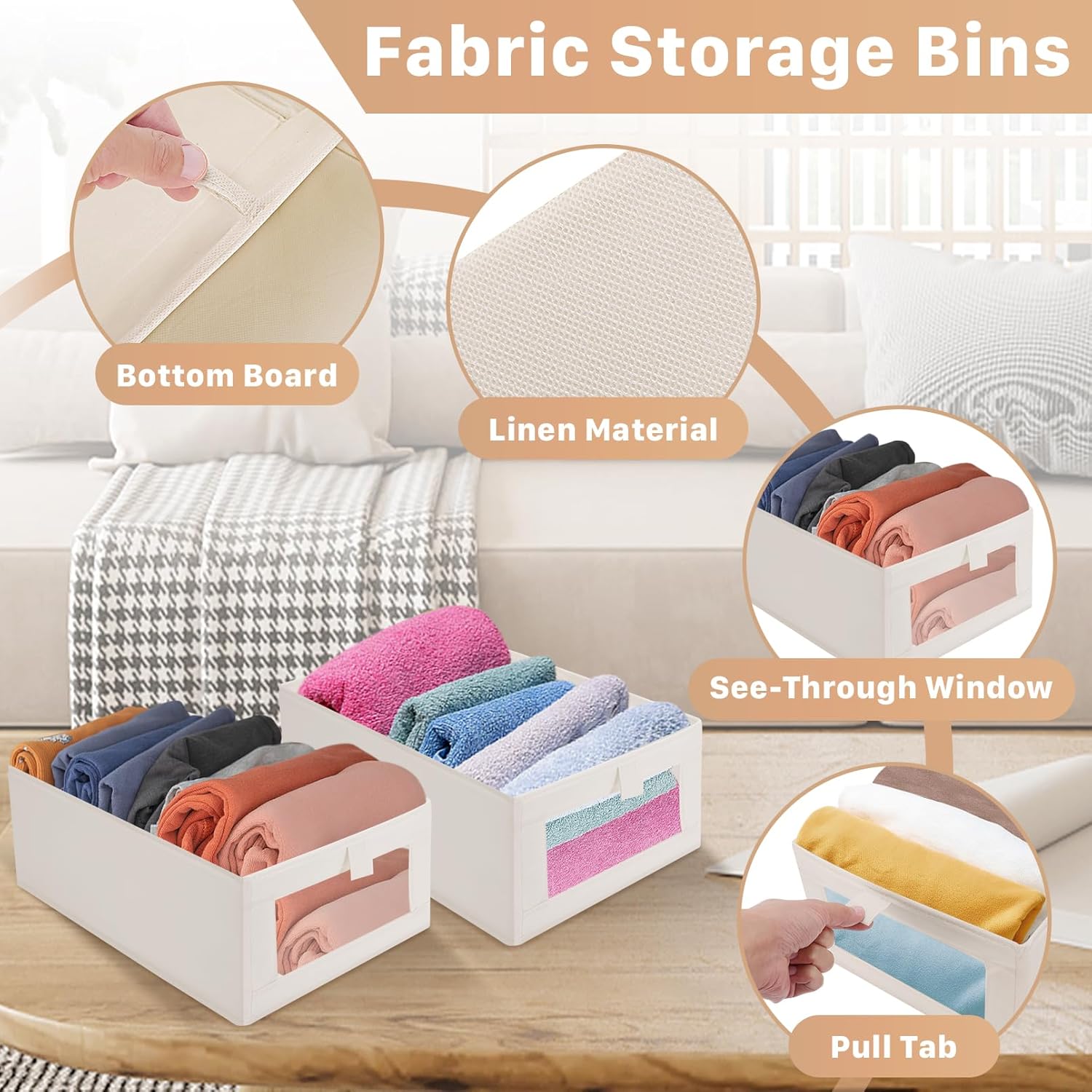 Skiennix 4 Pack Closet Organizer Bins - Foldable Linen Storage Baskets with Window | Beige