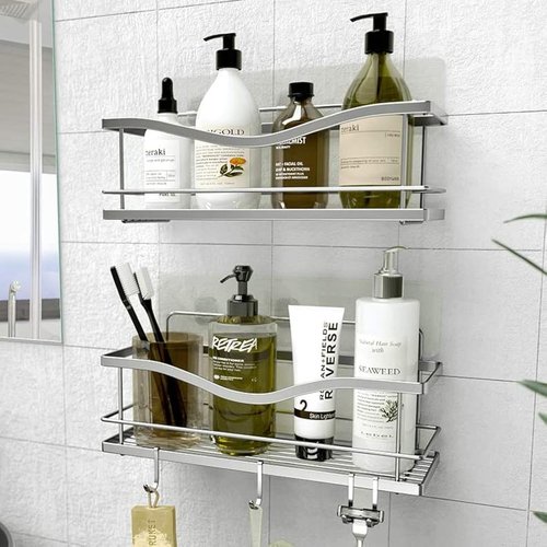KINCMAX Premium Shower Caddy - Self-Adhesive Wall Organizer | 2-Pack Rustproof Stainless Steel Shelves, Silver
