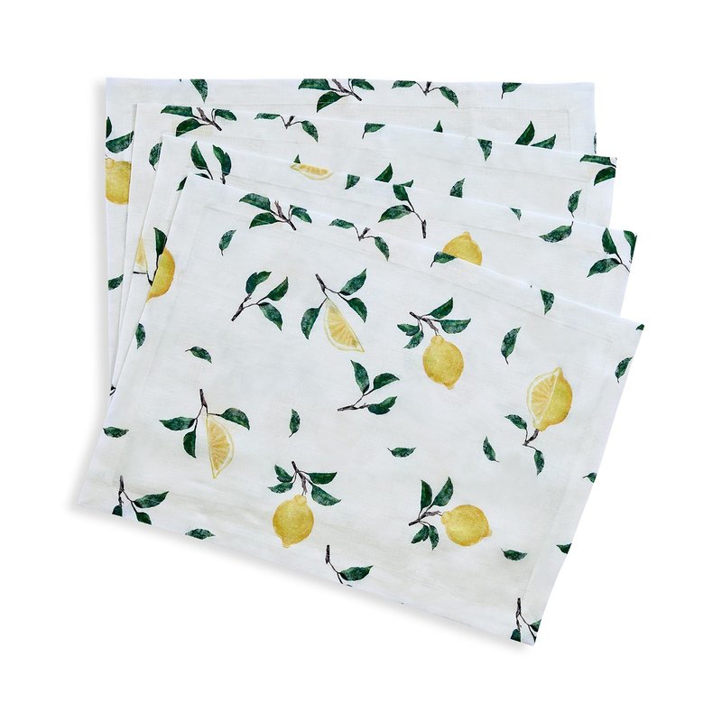 Solino Home Lemon Print Placemats 14 x 19 Inch - 100% Pure Linen Tablemats Set of 4 - Printed Linen Placemats for Spring, Summer, Mothers Day - Botanical Lemon/Off White Print