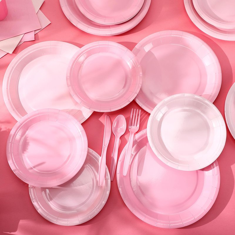 Nuogo 168 Pcs Pink Party Supplies Set Pink Paper Plates Napkins Cups Plastic Spoons Forks Knives Disposable Dinnerware for Birthday Baby Shower Wedding