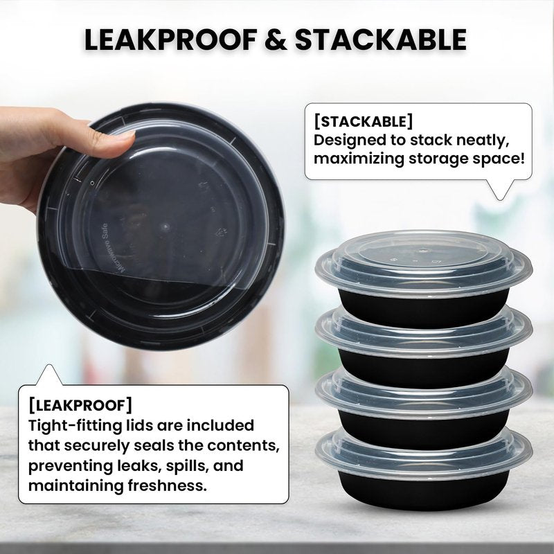 Klex 12 Oz, 50 Sets Meal Prep Containers with Airtight Lids, BPA Free, Reusable Plastic Food Container, 12 oz, Round, Black/Clear, 50 Sets
