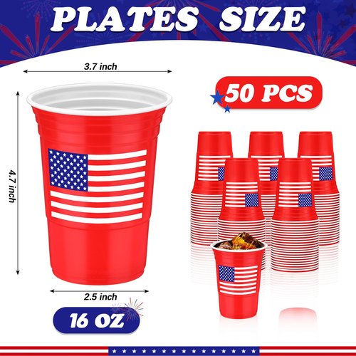 Funnymoom 50 Pcs Patriotic Plastic Cups 16 oz 4th of July Party Theme Decorations Red White and Blue Disposable American Flag Cup Hot Cold Drink for Birthday Memorial Day Independence Day Supplies