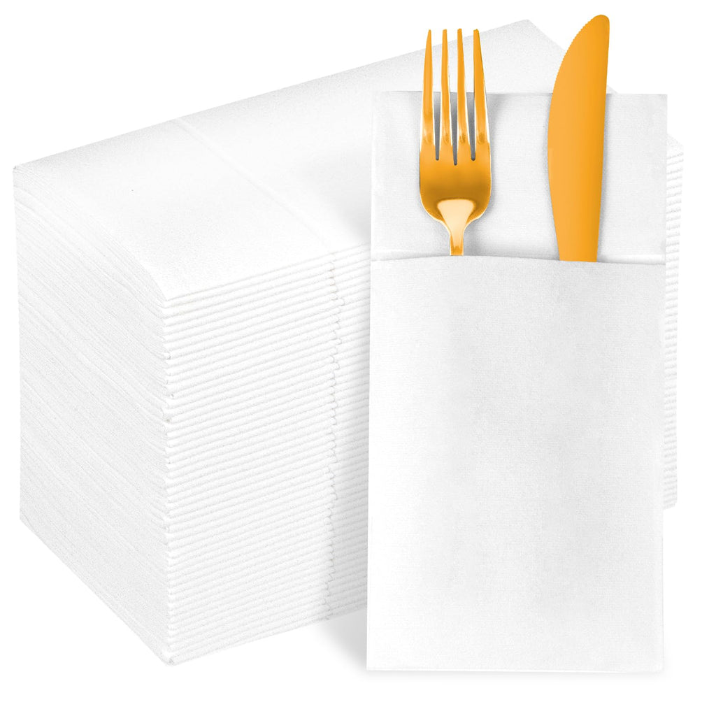 KAMMAK White Dinner Napkins Disposable Cloth Like Paper Napkins Folded with Pocket 100 Pack Guest Hand Towels for Party Decoration, Wedding Reception, Bathroom, Kitchen (16.5 x 16.5 inch)