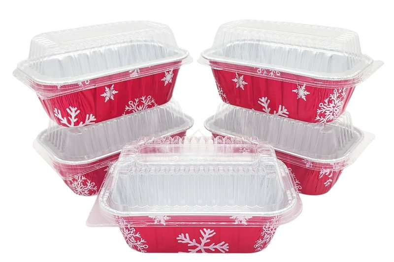 PACTOGO Disposable 1 lb. Red Holiday Christmas Aluminum Foil Small Mini Loaf/Bread Baking Pans with Clear Dome Lids (Pack of 12 Sets)