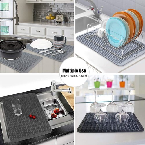 Silicone Dish Drying Mat, Non-Slip Easy Clean Sink Mat Large Heat-resistant Dish Drainer Mat for Kitchen Counter, Sink, Refrigerator or Drawer liner (18" x 16", GREY)