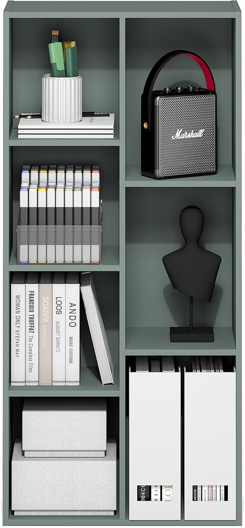 Furinno LUDER 7-Cube Bookshelf - Easy Assembly Open Shelves for Living Room & Home Office | Sage Green