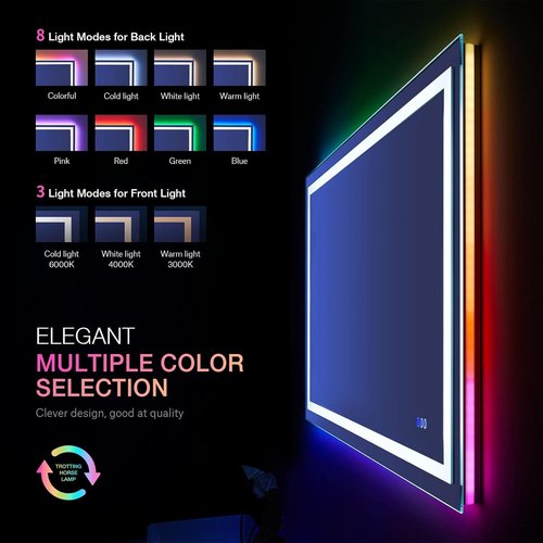 LOAAO LED Bathroom Mirror - 40" x 36" Dimmable, Anti-Fog, RGB Backlit & Front Lighted, Waterproof Glass