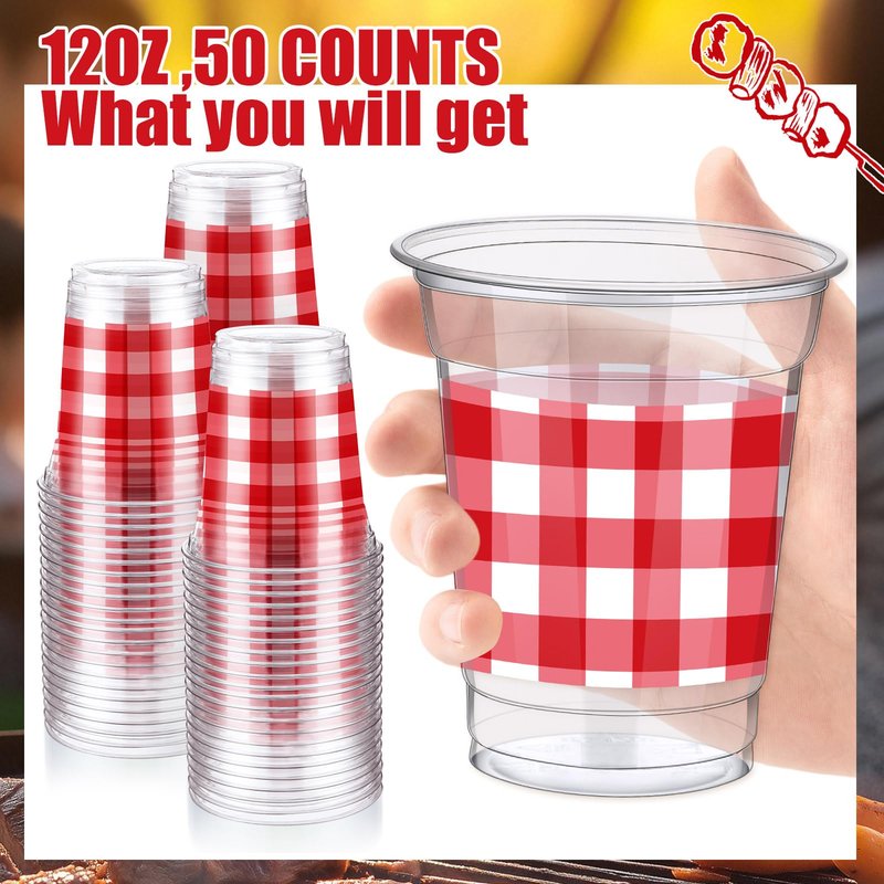 Cinrobiye 50 Pcs Red and White Checkered Plastic Cups Bulk 12 oz Clear Disposable Plastic Cup Bulk Buffalo Plaid Checkered Cups for Wedding Bridal Baby Shower Home Birthday Picnic Buffet Pizza Party