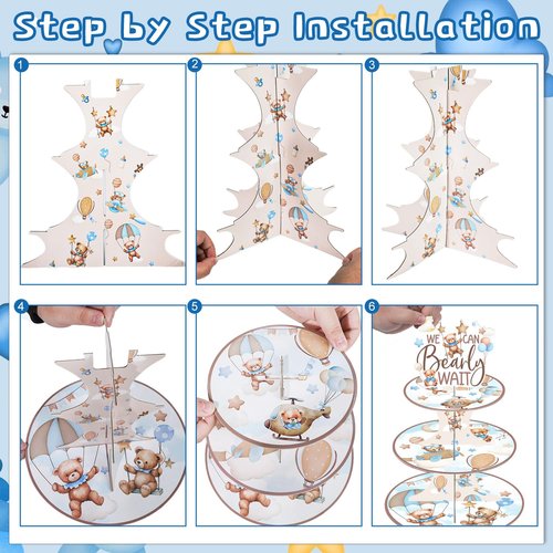 Keluna Bear Baby Shower Decoration - 2 Pcs 3 Tier We Bearly Cupcake Stand for First Birthday Party Supplies, Bearly Wait Bear Dessert Stands Favors Decorations Cupcake Holder