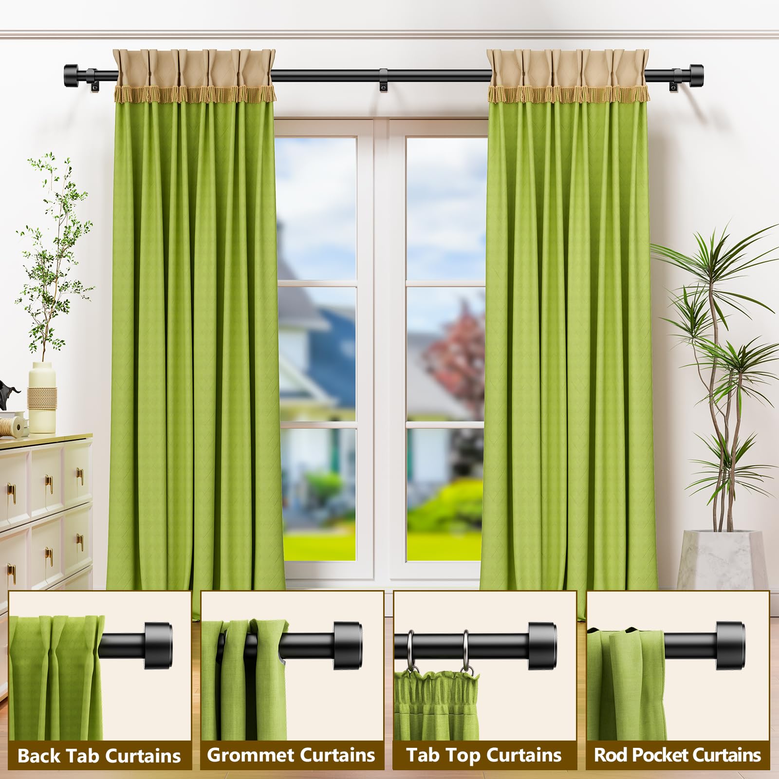 2 Pack Curtain Rods for Windows 32-120 Inch, 1 Inch Adjustable Black Curtain Rod Set with Brackets, Easy Install