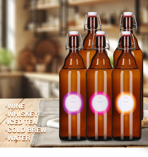 Miukada 6 Pack 32 oz Amber Swing Top Bottles, Flip Top Glass Beer Bottle with Airtight Lid for Home Brewing and Wine, Mead, Fermentation, Beverages, Kombucha